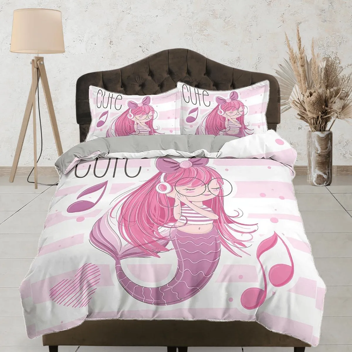 Cute Mermaid Kids Duvet Cover Set, Girly Pink Bedding Set, Toddler Bedding, Kids Bedroom, Music Lover Bed, Duvet King Queen Full Twin Single