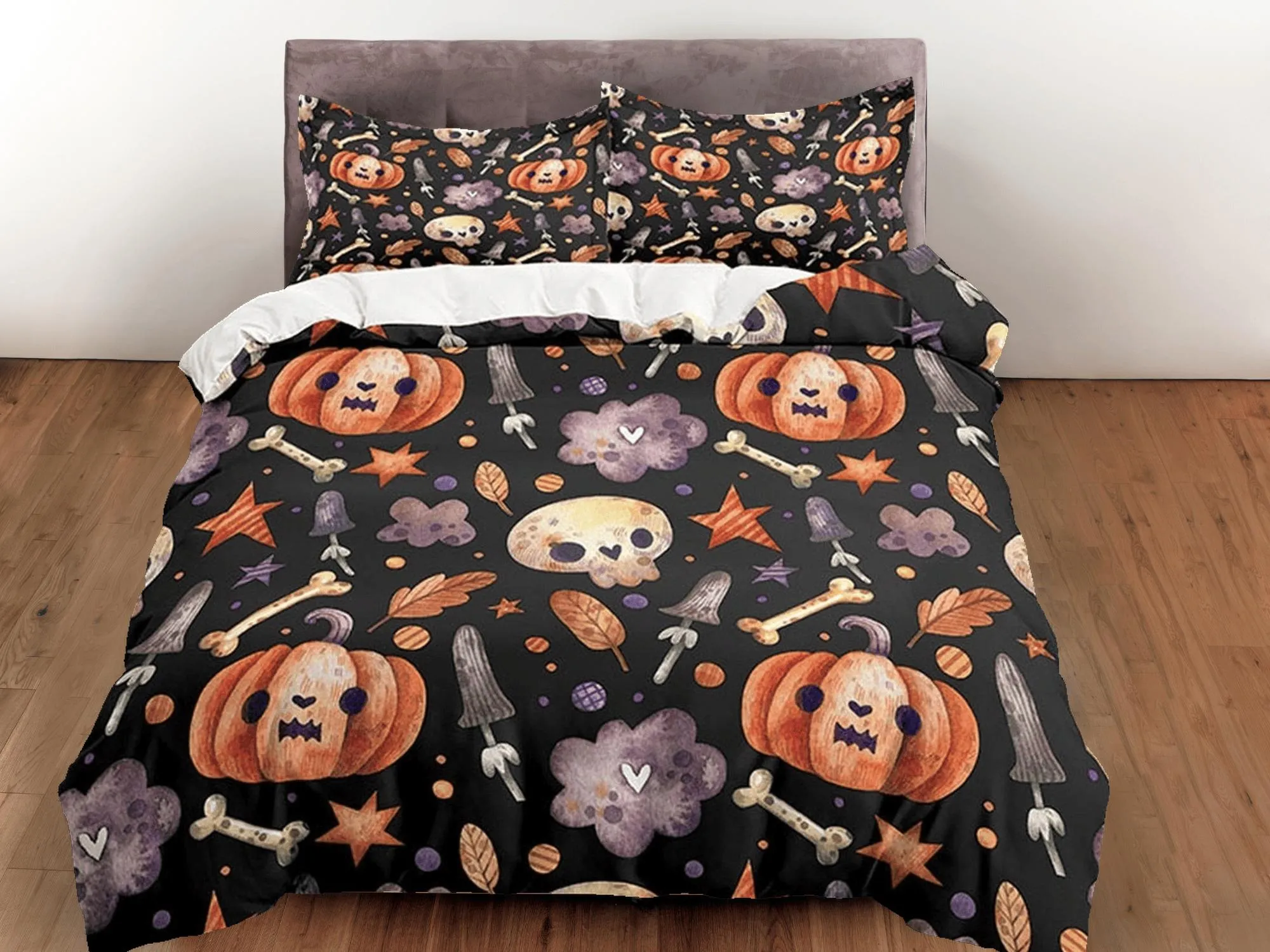 Cute pumpkin retro halloween bedding & pillowcase, gothic duvet cover, dorm bedding, goth decor toddler bedding, halloween gift