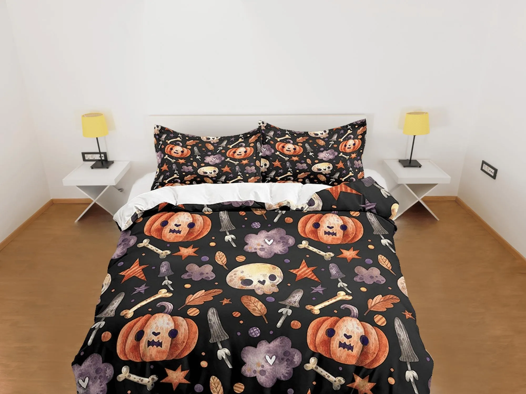 Cute pumpkin retro halloween bedding & pillowcase, gothic duvet cover, dorm bedding, goth decor toddler bedding, halloween gift