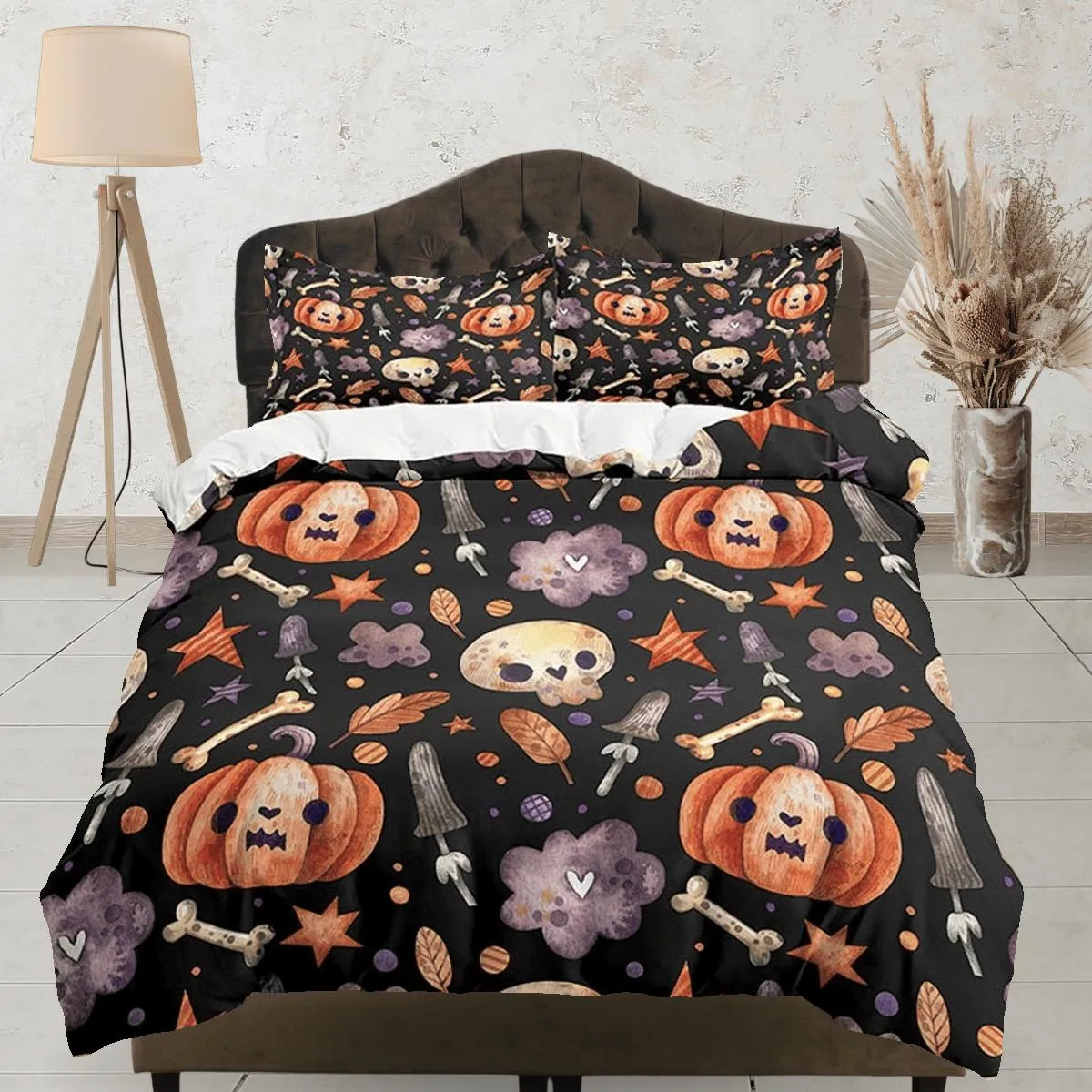 Cute pumpkin retro halloween bedding & pillowcase, gothic duvet cover, dorm bedding, goth decor toddler bedding, halloween gift