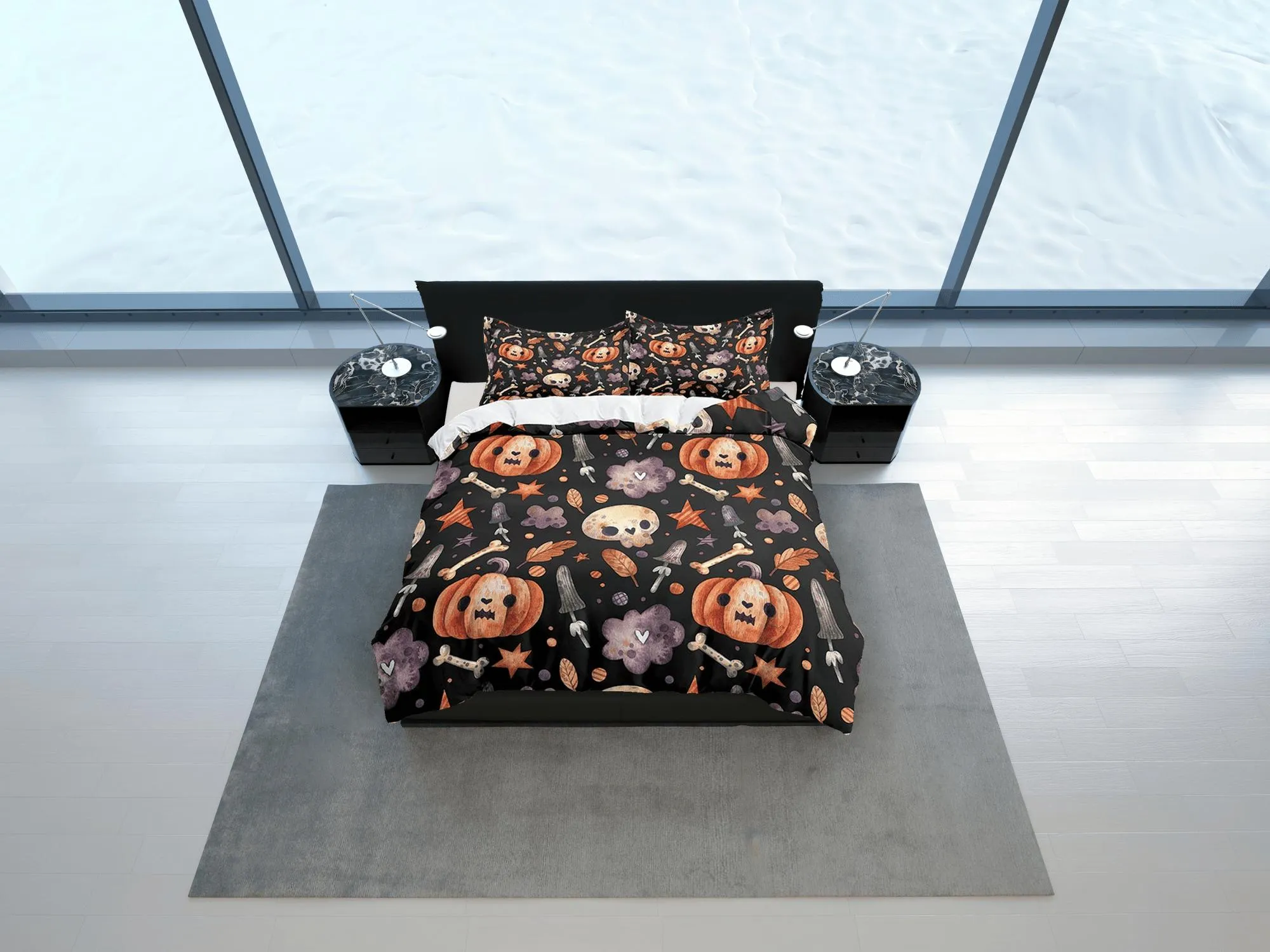 Cute pumpkin retro halloween bedding & pillowcase, gothic duvet cover, dorm bedding, goth decor toddler bedding, halloween gift