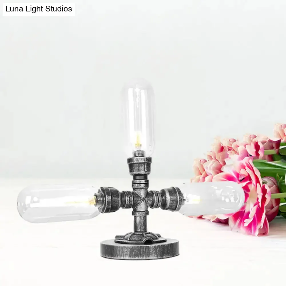 Farmhouse LED Table Lamp with Clear/Amber Glass Capsule, Night Light, and Tearoom Design - 2/3 Heads, Pipe Base