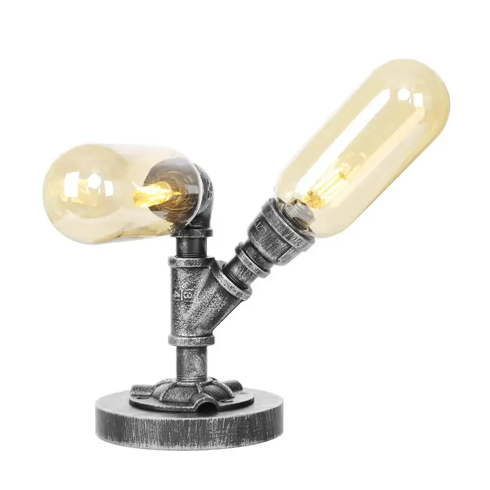 Farmhouse LED Table Lamp with Clear/Amber Glass Capsule, Night Light, and Tearoom Design - 2/3 Heads, Pipe Base