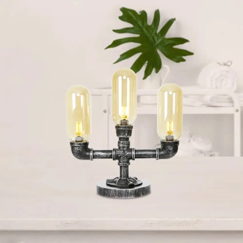 Farmhouse LED Table Lamp with Clear/Amber Glass Capsule, Night Light, and Tearoom Design - 2/3 Heads, Pipe Base