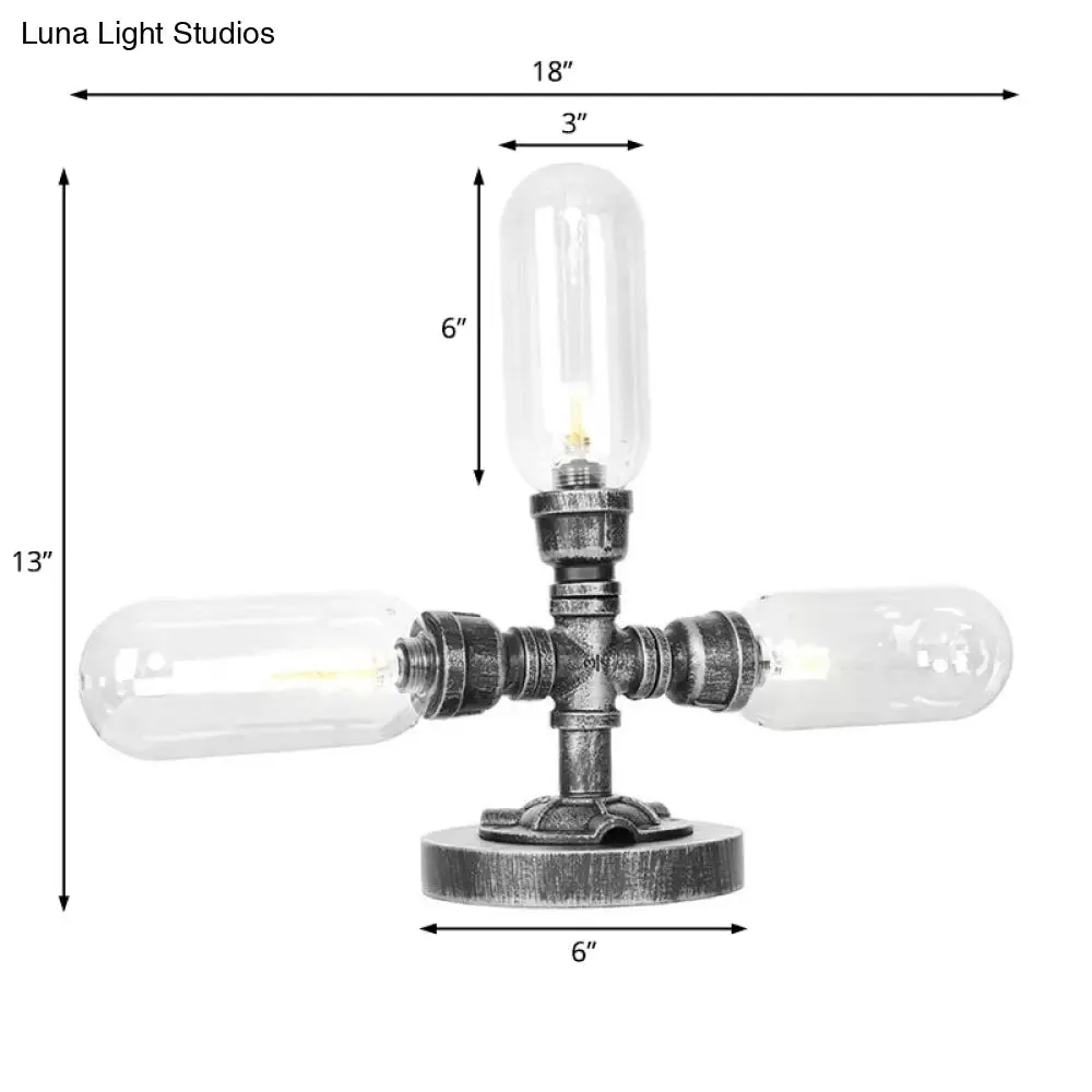 Farmhouse LED Table Lamp with Clear/Amber Glass Capsule, Night Light, and Tearoom Design - 2/3 Heads, Pipe Base