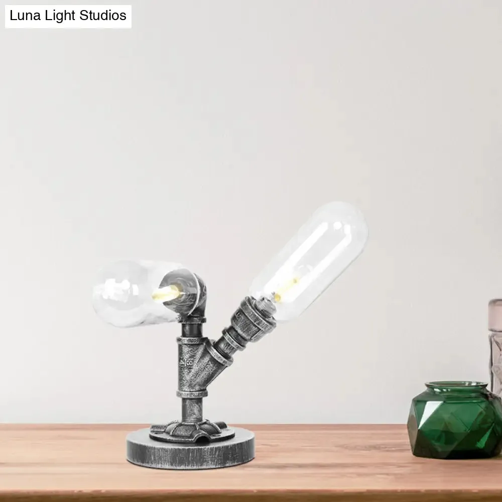 Farmhouse LED Table Lamp with Clear/Amber Glass Capsule, Night Light, and Tearoom Design - 2/3 Heads, Pipe Base