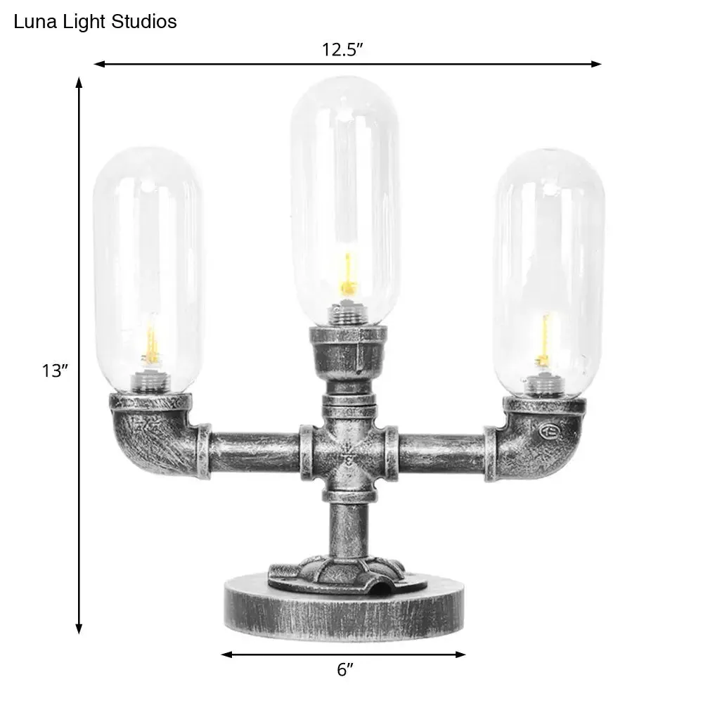 Farmhouse LED Table Lamp with Clear/Amber Glass Capsule, Night Light, and Tearoom Design - 2/3 Heads, Pipe Base