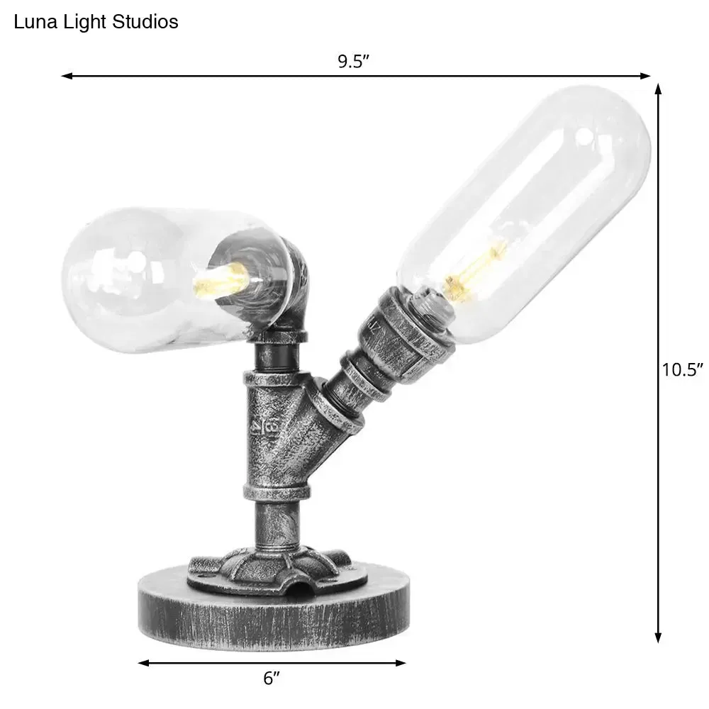 Farmhouse LED Table Lamp with Clear/Amber Glass Capsule, Night Light, and Tearoom Design - 2/3 Heads, Pipe Base