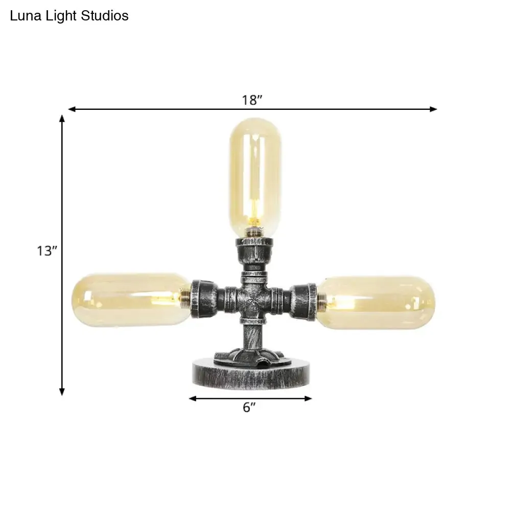 Farmhouse LED Table Lamp with Clear/Amber Glass Capsule, Night Light, and Tearoom Design - 2/3 Heads, Pipe Base