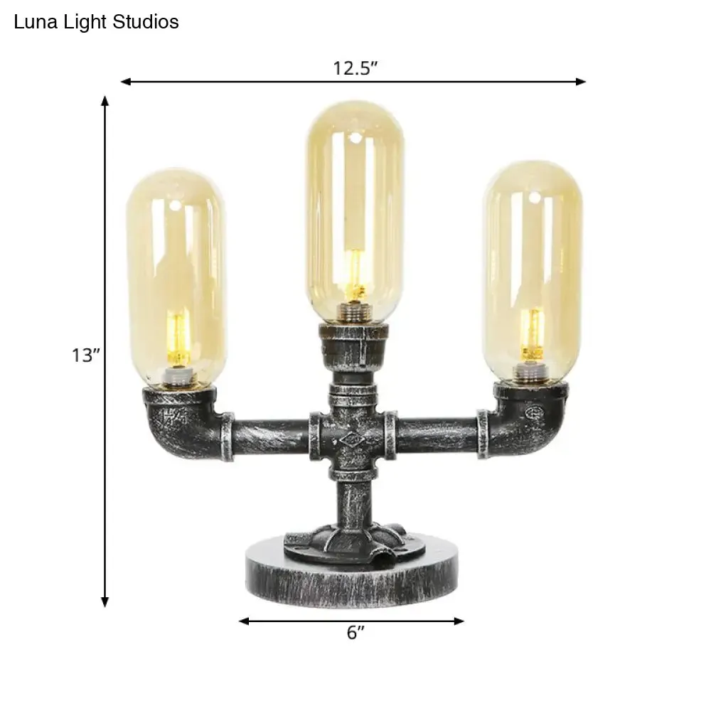 Farmhouse LED Table Lamp with Clear/Amber Glass Capsule, Night Light, and Tearoom Design - 2/3 Heads, Pipe Base