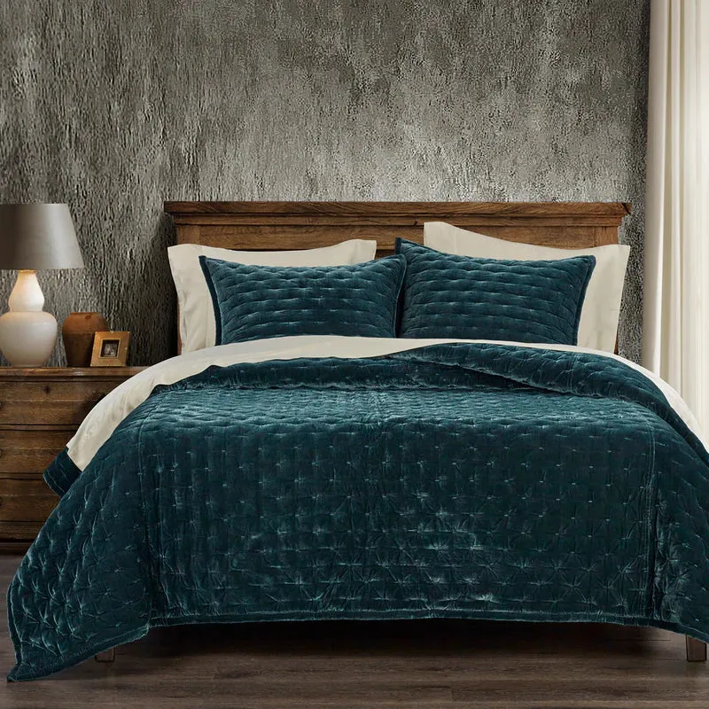 Faux Silk Velvet Quilt Set (Storm Blue)