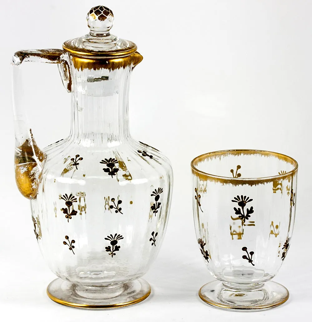 Fine 19th Century French Carafon and Tumbler, Daum Crystal, Raised Gold Enamel