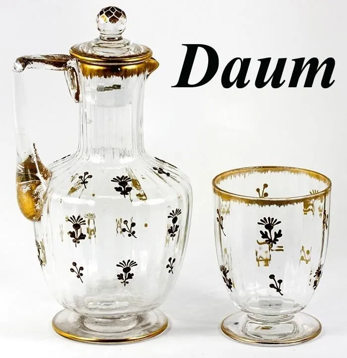 Fine 19th Century French Carafon and Tumbler, Daum Crystal, Raised Gold Enamel