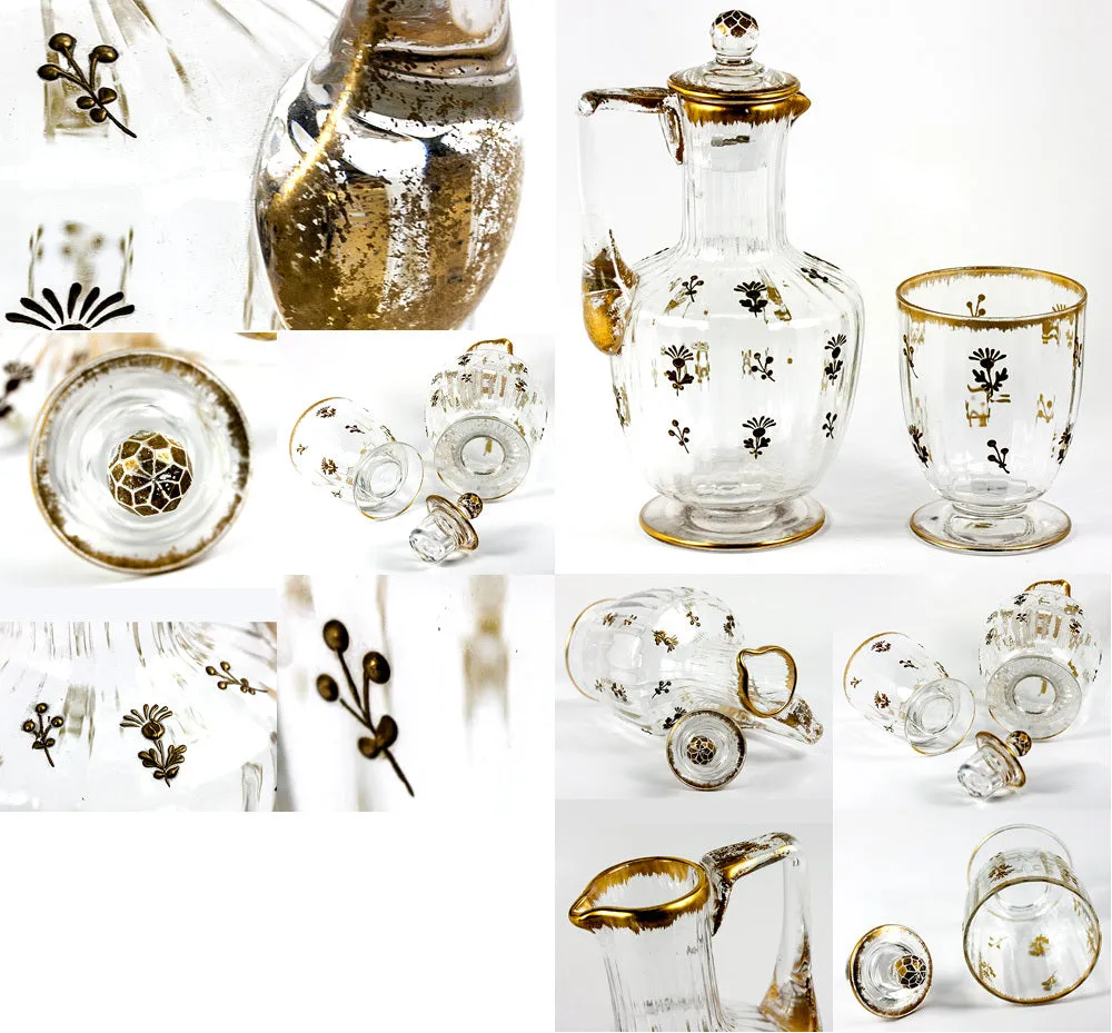 Fine 19th Century French Carafon and Tumbler, Daum Crystal, Raised Gold Enamel