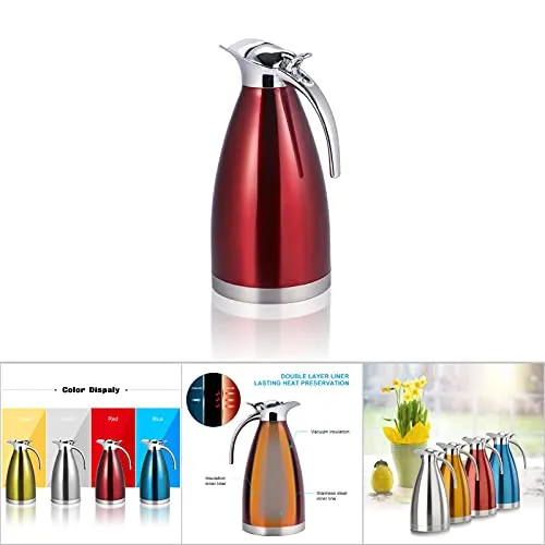 Gavigain Thermal Carafe, Stainless Steel Coffee Tea Pot, Double Walled Vacuum Flask Insulated Thermo Jug Hot Water Bottle for Coffee, Hot Water, Tea, Hot Beverage, Thermo Jug(2L-Red)