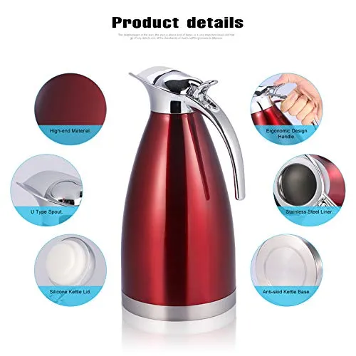 Gavigain Thermal Carafe, Stainless Steel Coffee Tea Pot, Double Walled Vacuum Flask Insulated Thermo Jug Hot Water Bottle for Coffee, Hot Water, Tea, Hot Beverage, Thermo Jug(2L-Red)