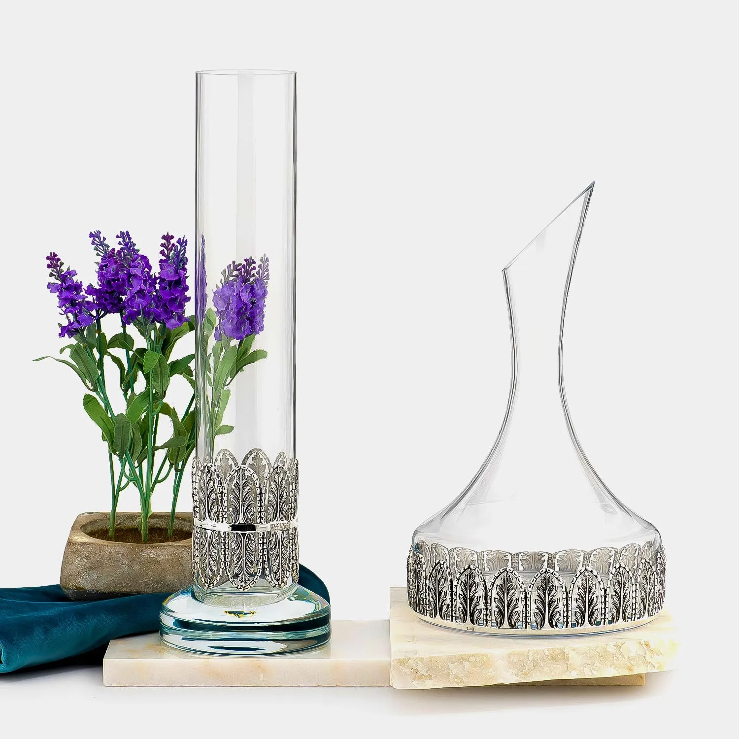 Glass Decanter Carafe, Silver-Plated Decoration