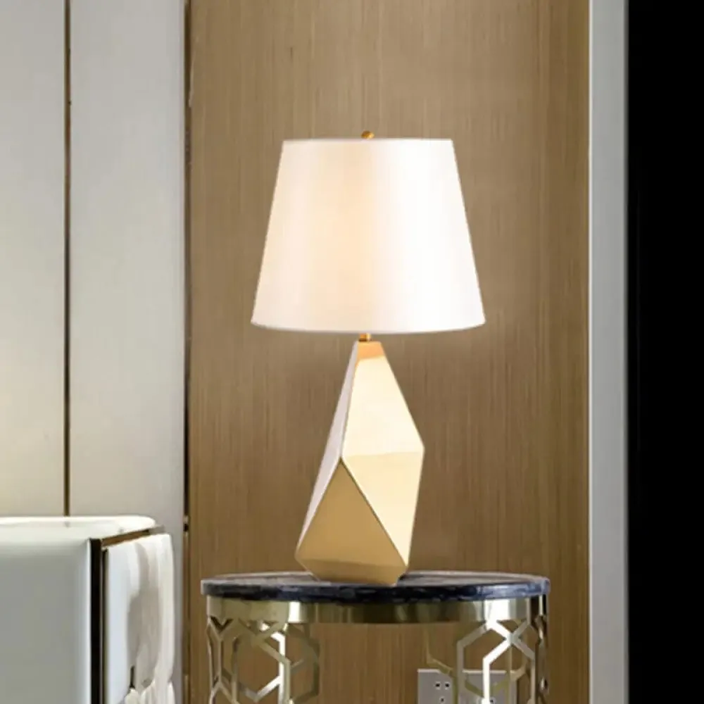 Gold Bedside Nightstand Lamp: Postmodern Table Lighting with Fabric Bucket Shade