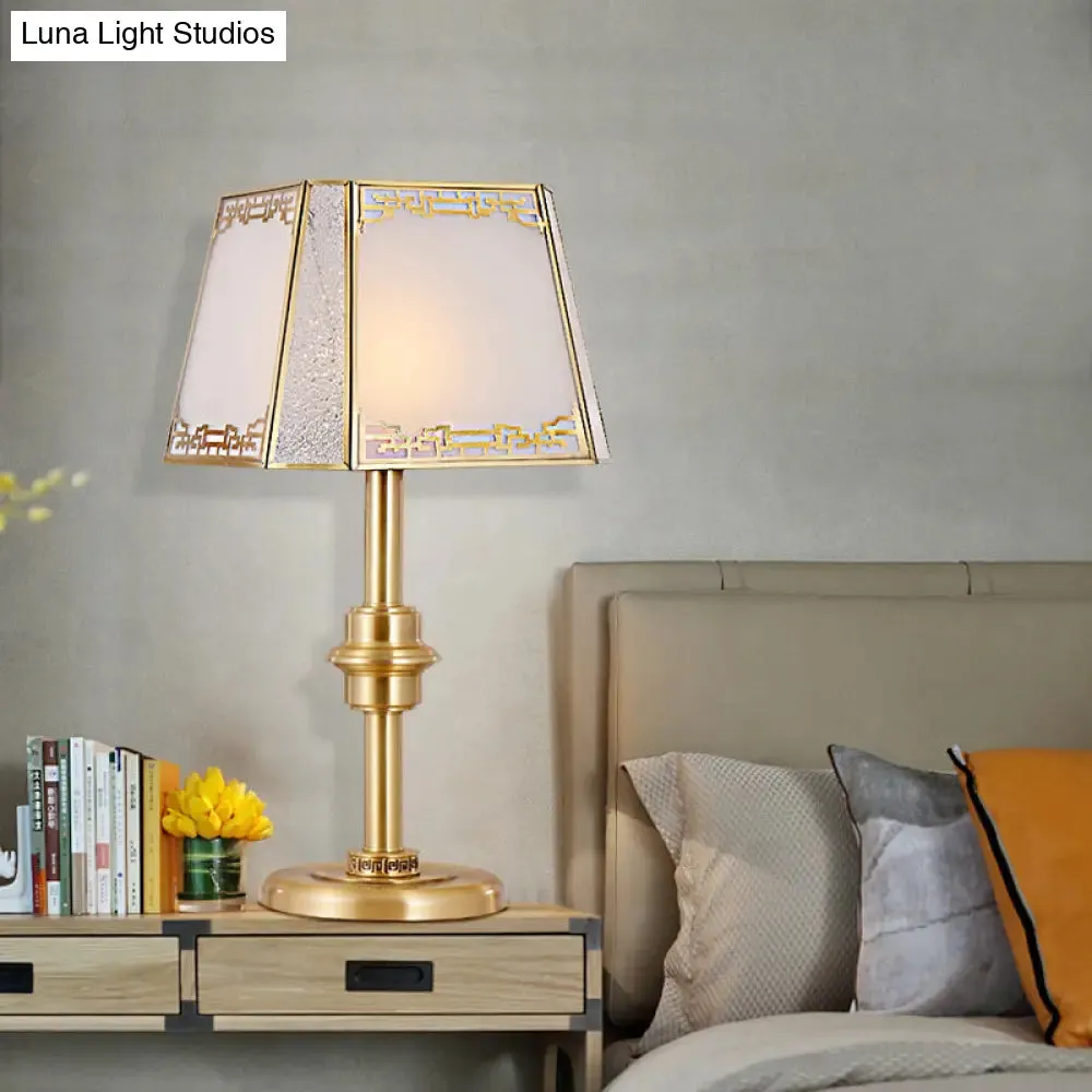 Gold Frosted Glass Trapezoid Table Lamp with Colonial 1-Head Bedside Night Light