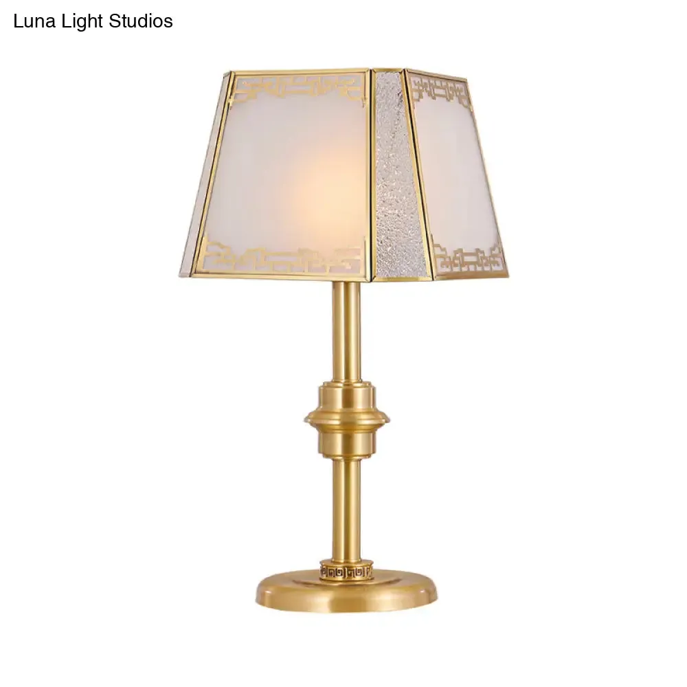 Gold Frosted Glass Trapezoid Table Lamp with Colonial 1-Head Bedside Night Light