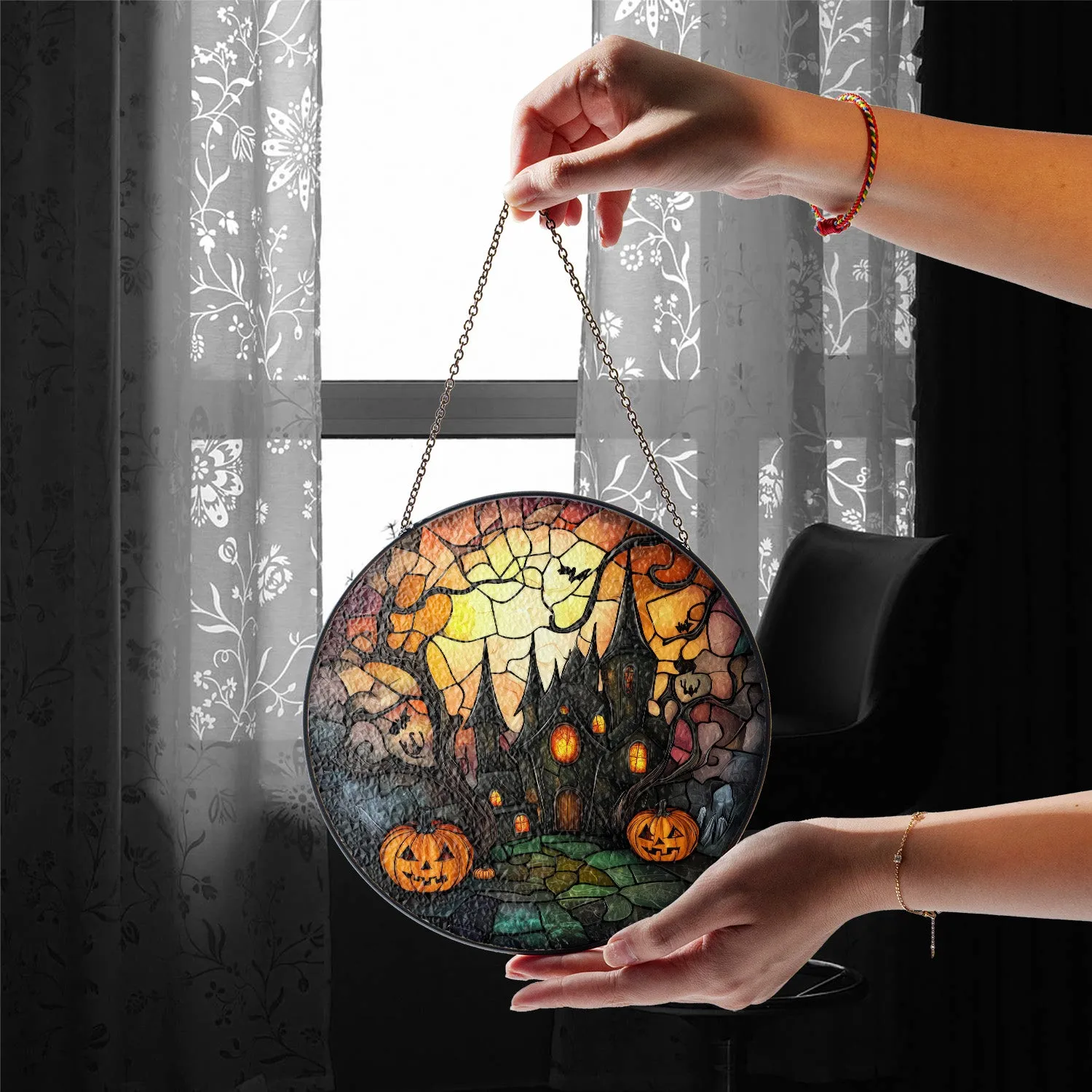 Halloween Stained Glass Suncatcher Collection | Decorative Window Hanging | 2 Sizes | Holiday Decor Accents | Creepy Castle