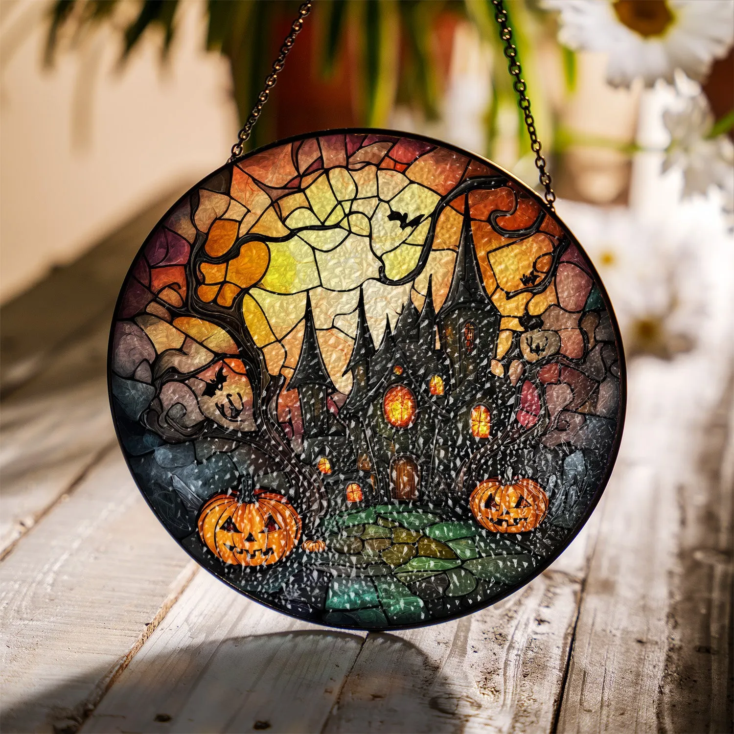 Halloween Stained Glass Suncatcher Collection | Decorative Window Hanging | 2 Sizes | Holiday Decor Accents | Creepy Castle