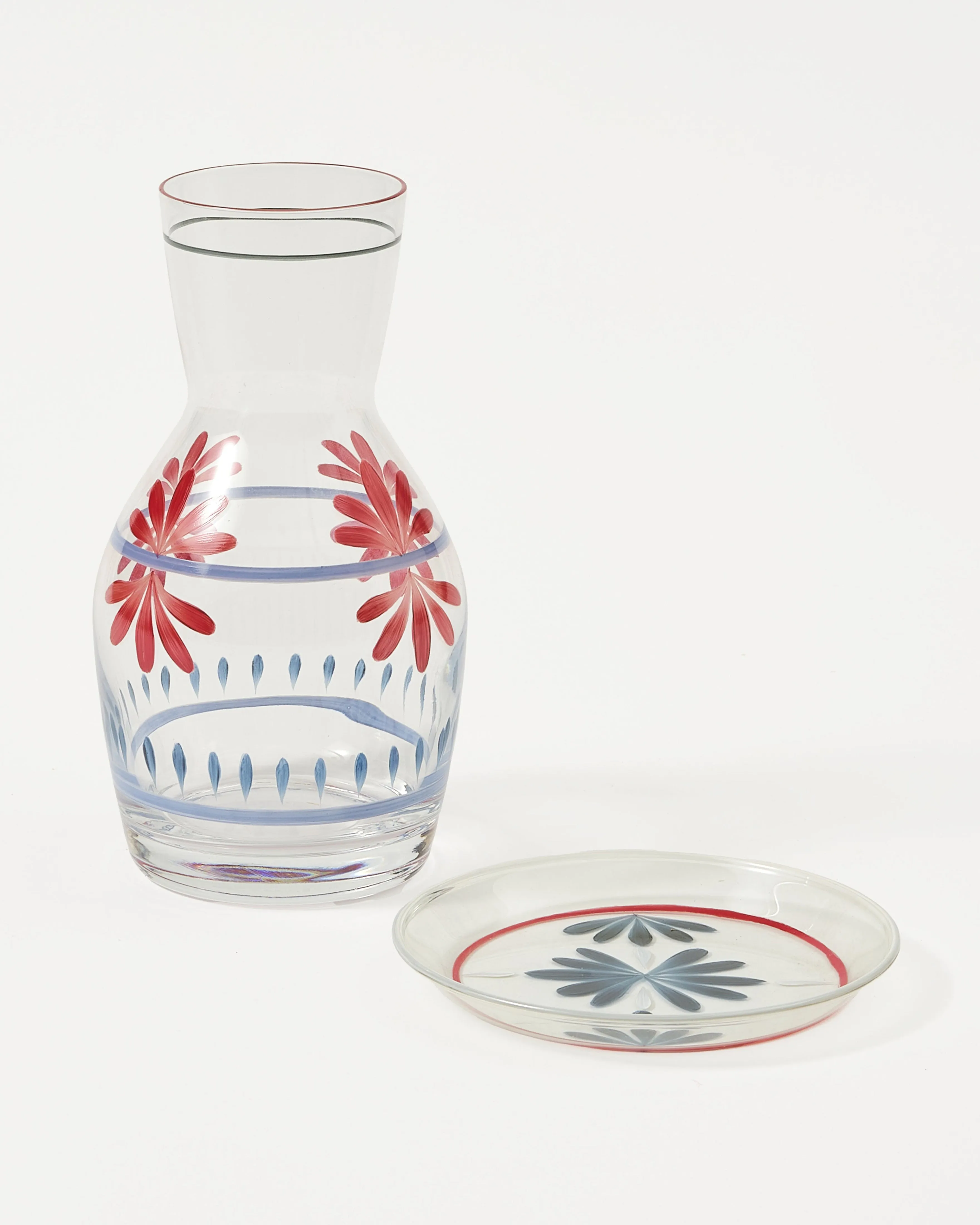 Hand Painted Carafe and Coaster Set, Blue and Red