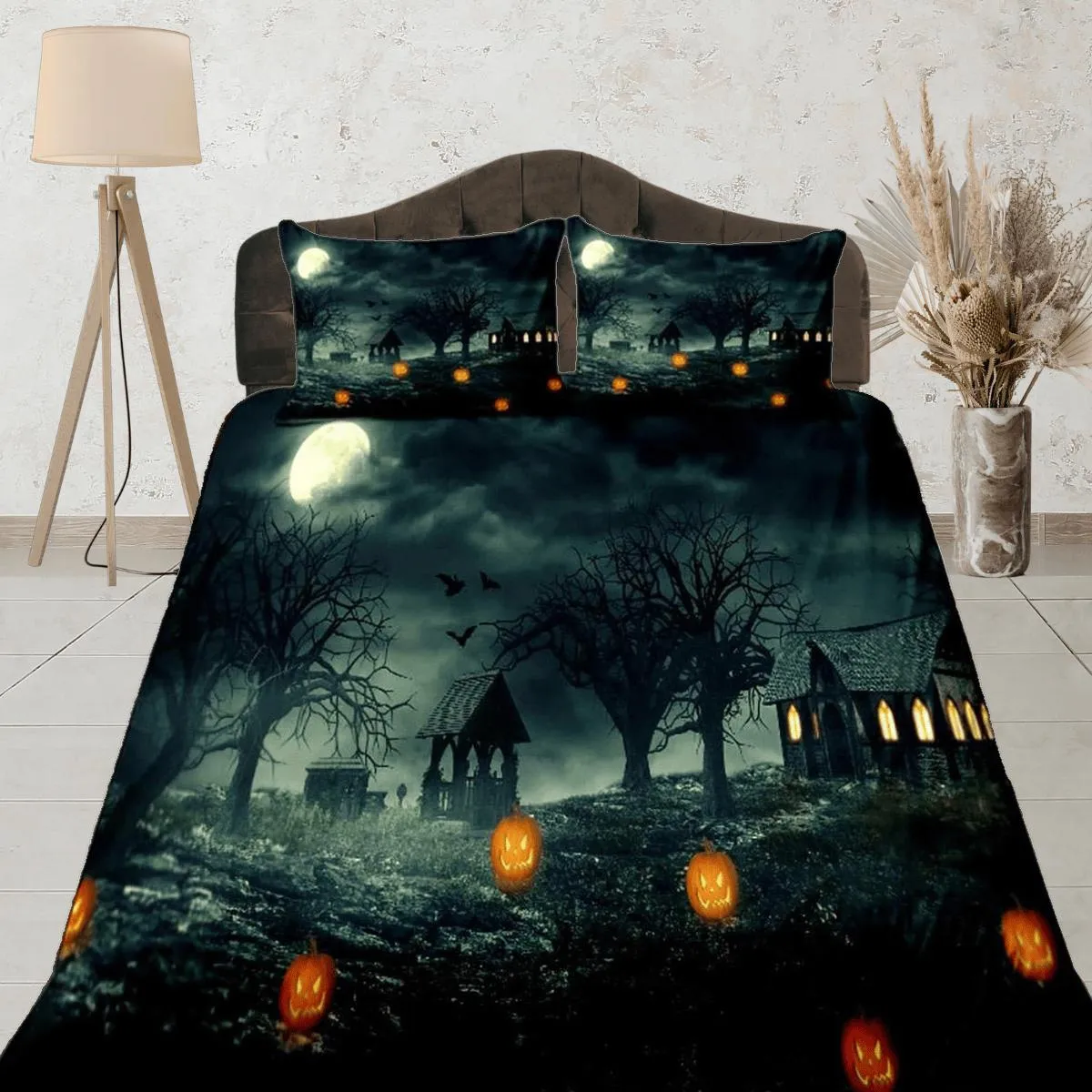 Haunted house halloween bedding & pillowcase, duvet cover, dorm bedding, halloween decor goth bedding, halloween gift, toddler bedding