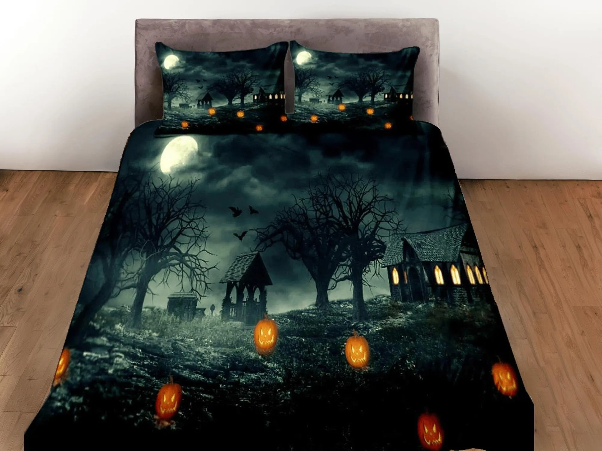 Haunted house halloween bedding & pillowcase, duvet cover, dorm bedding, halloween decor goth bedding, halloween gift, toddler bedding