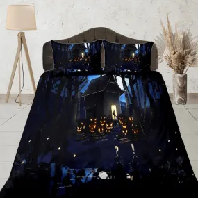 Haunted house scary pumpkin halloween bedding & pillowcase, gothic duvet cover, dorm bedding, goth decor toddler bedding, halloween gift