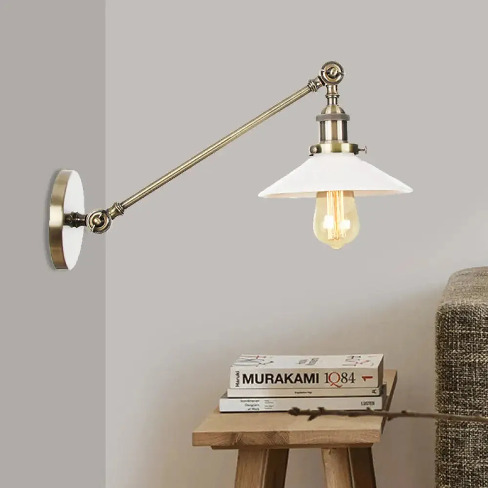 Industrial Conical Sconce Light with Opal Glass - Black/Bronze/Brass Finish - Arm Mount - 8"/12" L