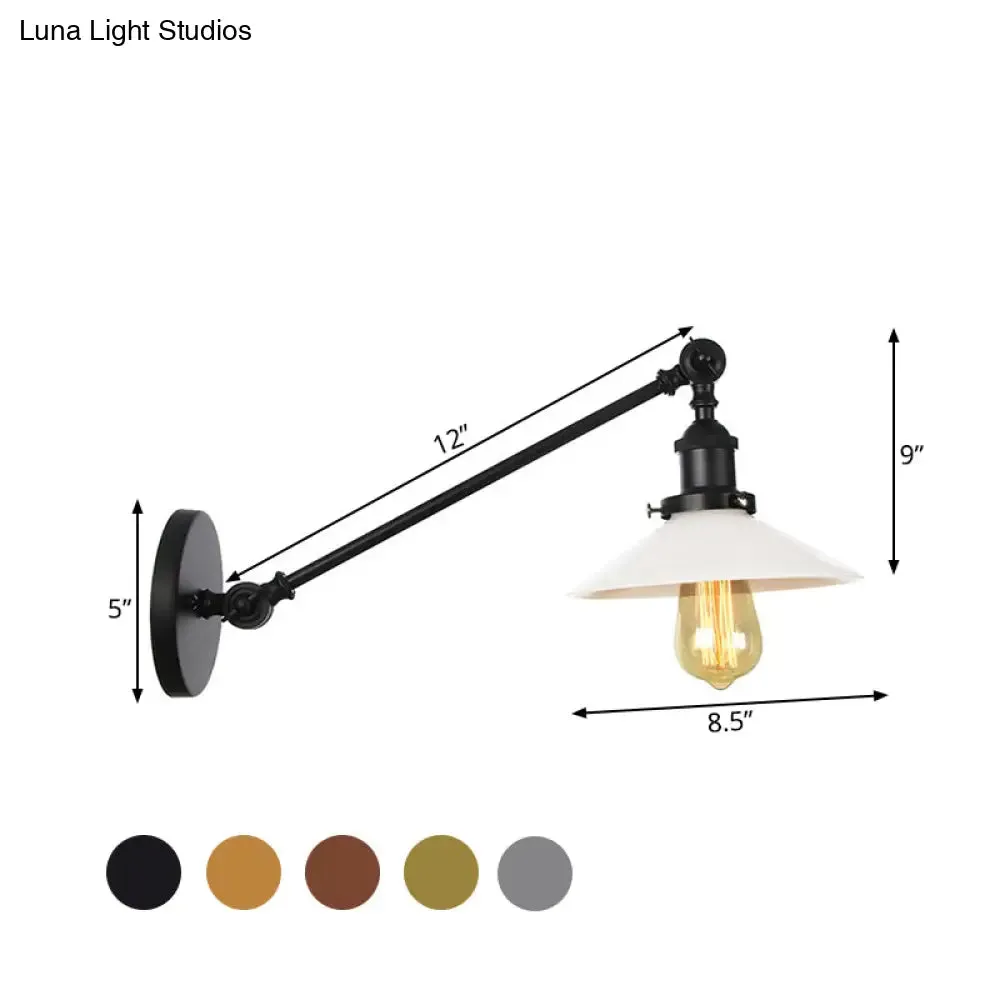 Industrial Conical Sconce Light with Opal Glass - Black/Bronze/Brass Finish - Arm Mount - 8"/12" L