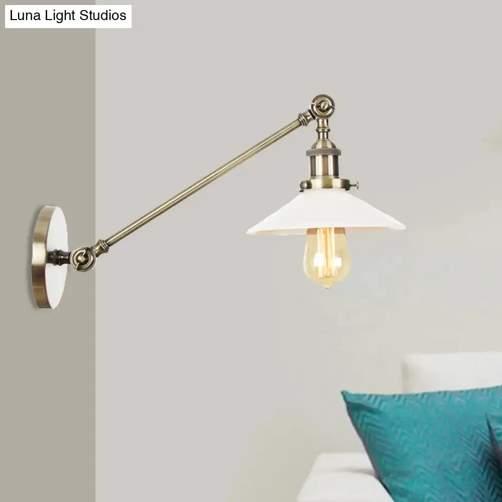 Industrial Conical Sconce Light with Opal Glass - Black/Bronze/Brass Finish - Arm Mount - 8"/12" L