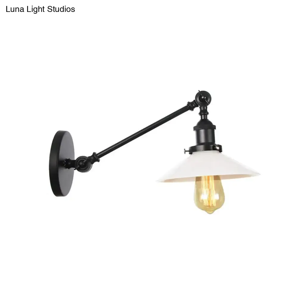 Industrial Conical Sconce Light with Opal Glass - Black/Bronze/Brass Finish - Arm Mount - 8"/12" L