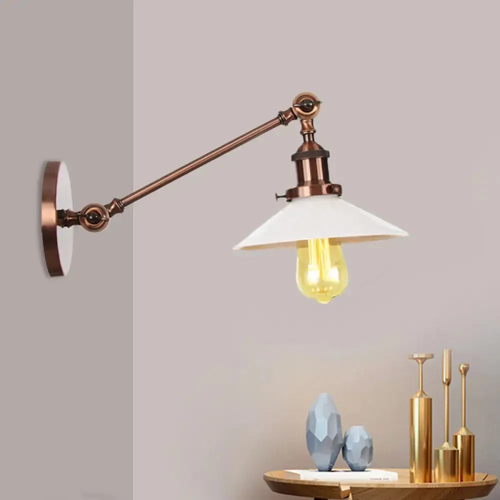 Industrial Conical Sconce Light with Opal Glass - Black/Bronze/Brass Finish - Arm Mount - 8"/12" L