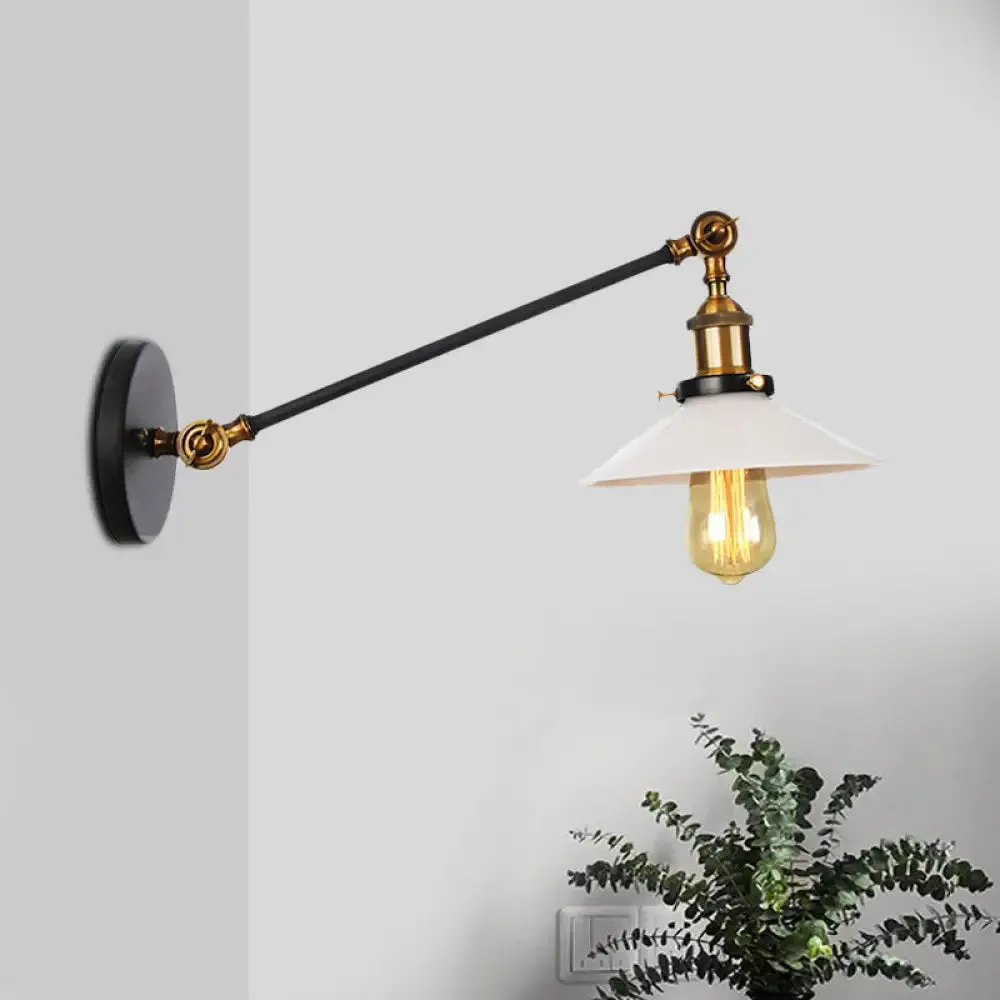 Industrial Conical Sconce Light with Opal Glass - Black/Bronze/Brass Finish - Arm Mount - 8"/12" L