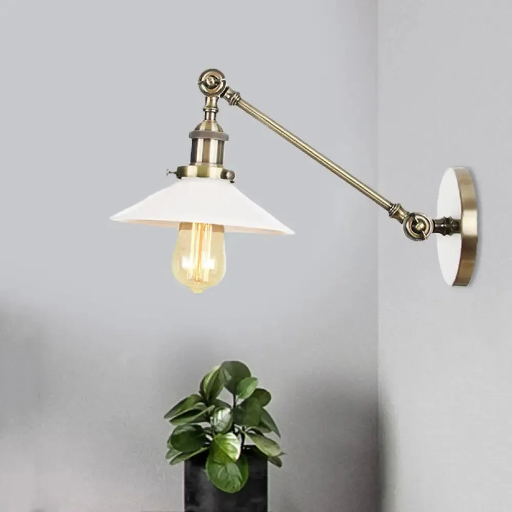 Industrial Conical Sconce Light with Opal Glass - Black/Bronze/Brass Finish - Arm Mount - 8"/12" L