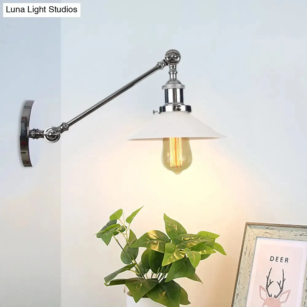 Industrial Conical Sconce Light with Opal Glass - Black/Bronze/Brass Finish - Arm Mount - 8"/12" L