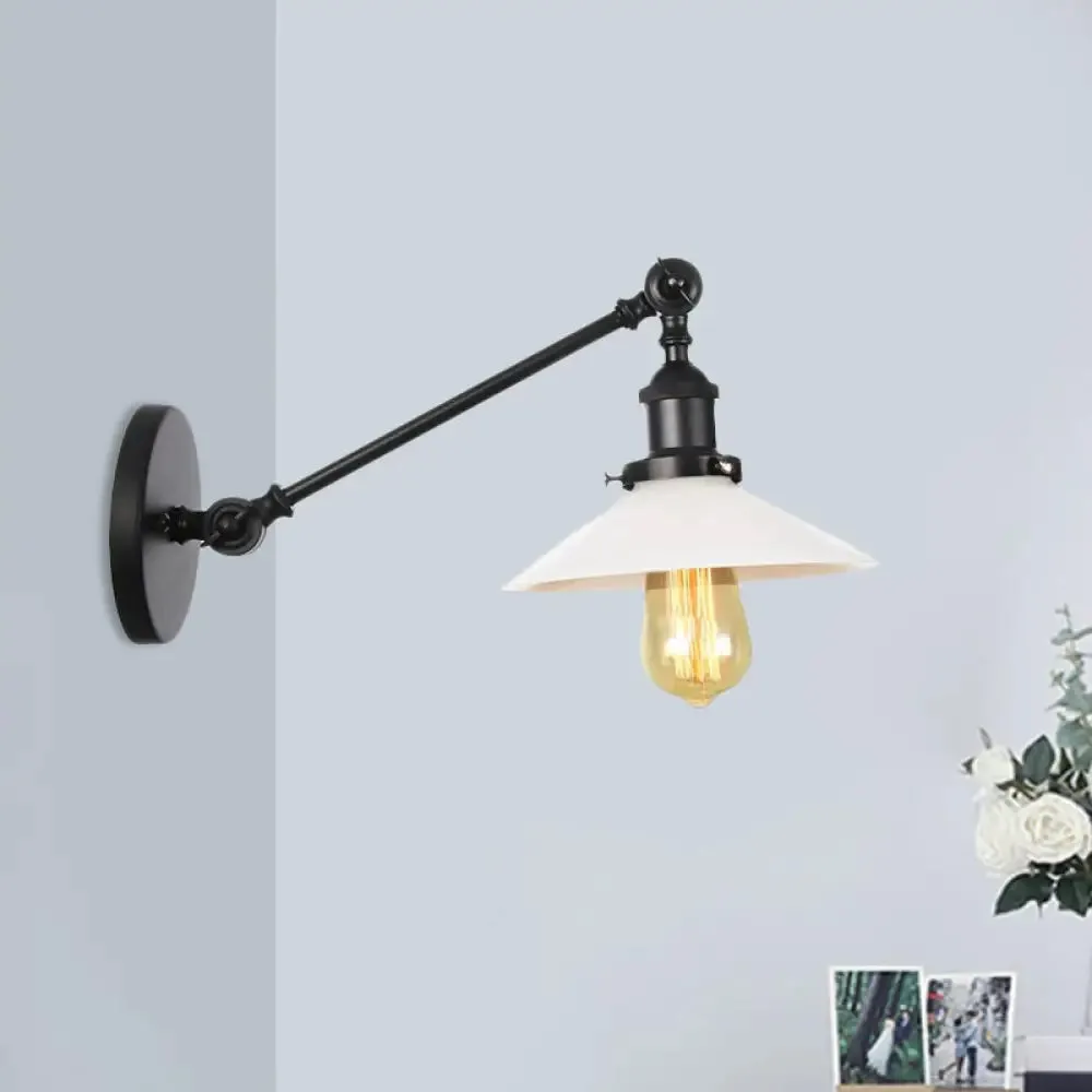 Industrial Conical Sconce Light with Opal Glass - Black/Bronze/Brass Finish - Arm Mount - 8"/12" L