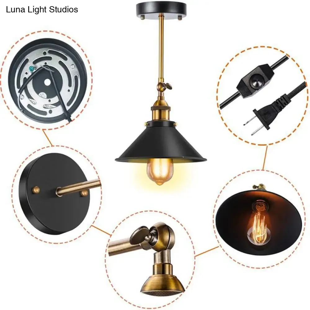 Industrial Conical Wall Light Sconce: Swivelable 1-Light Reading Lamp with Plug-in Cord