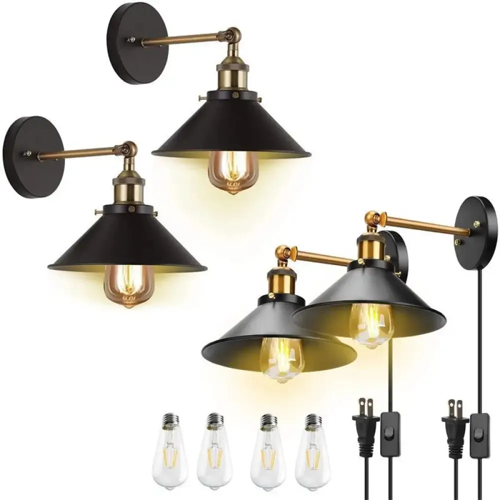 Industrial Conical Wall Light Sconce: Swivelable 1-Light Reading Lamp with Plug-in Cord