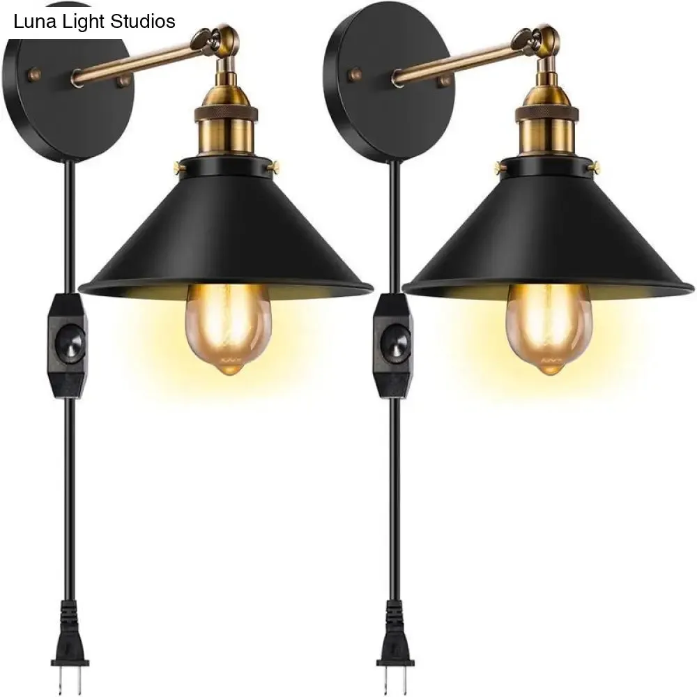 Industrial Conical Wall Light Sconce: Swivelable 1-Light Reading Lamp with Plug-in Cord