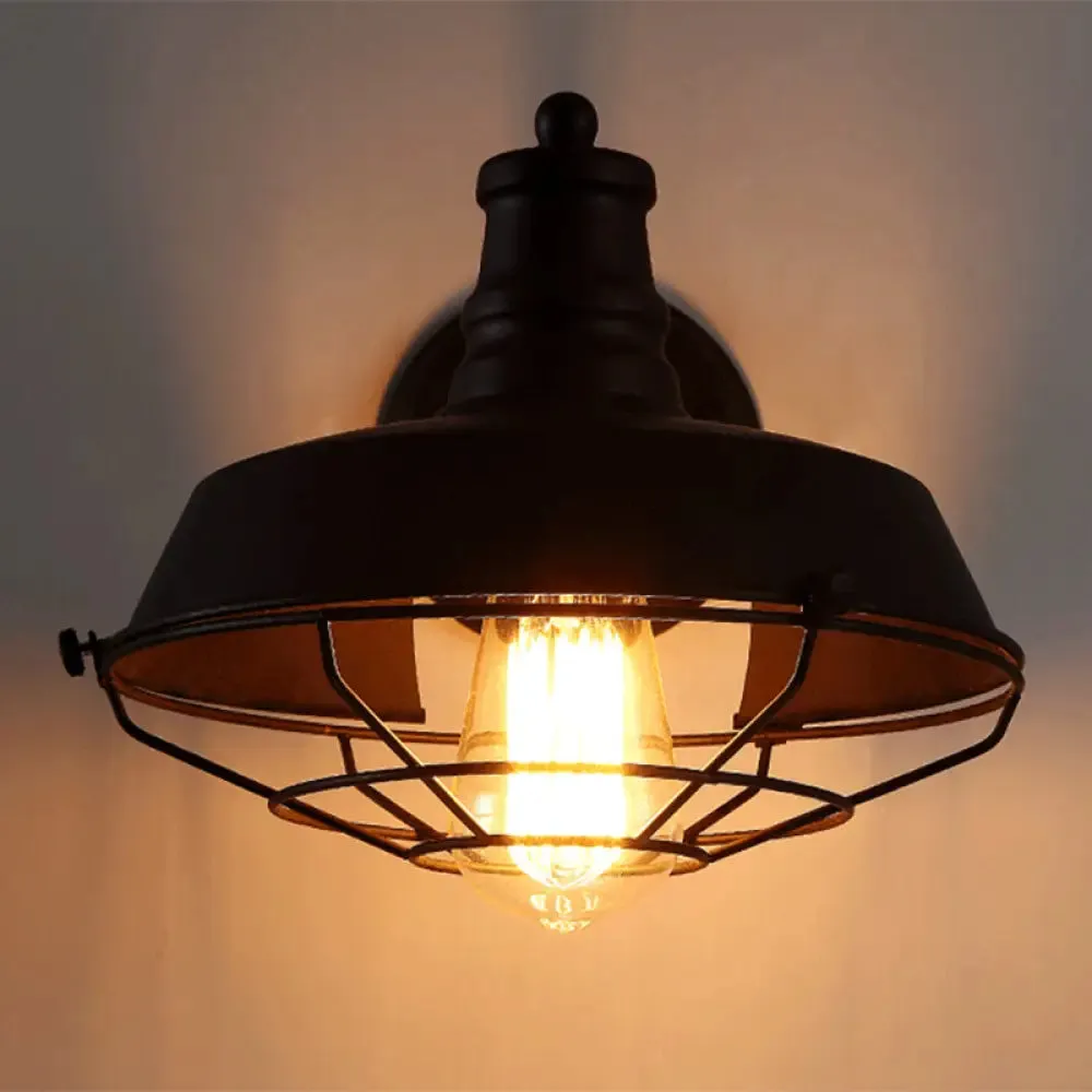 Industrial Indoor Wall Sconce - Barn Metal Single Bulb Lamp in Black/Rust with Cage