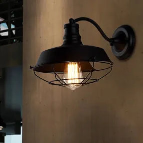 Industrial Indoor Wall Sconce - Barn Metal Single Bulb Lamp in Black/Rust with Cage