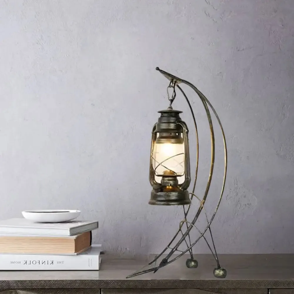 Industrial Kerosene Clear Glass Table Lamp with Brass Arc Base - 1 Light Desk Lighting