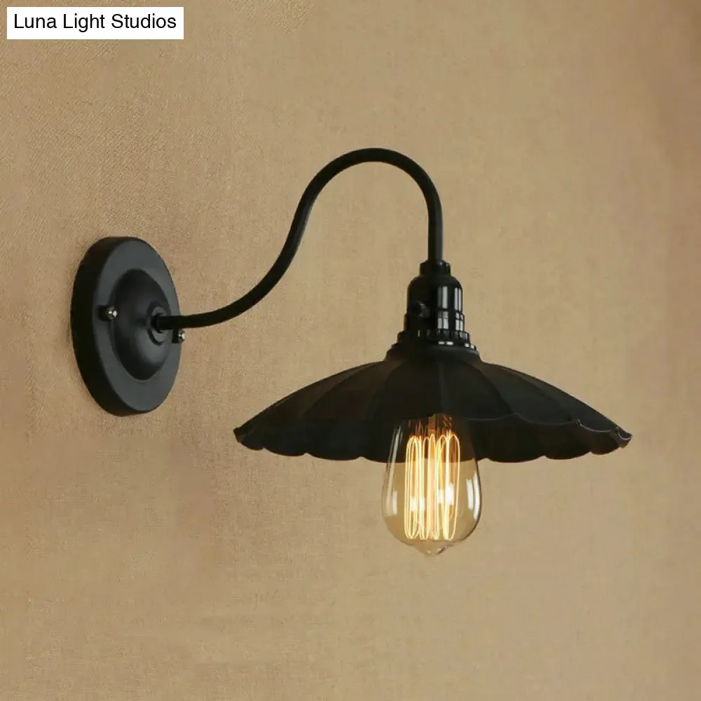 Industrial Metal Gooseneck Wall Sconce with Scalloped Shade and 1 Bulb in Black, 10"/13" Diameter