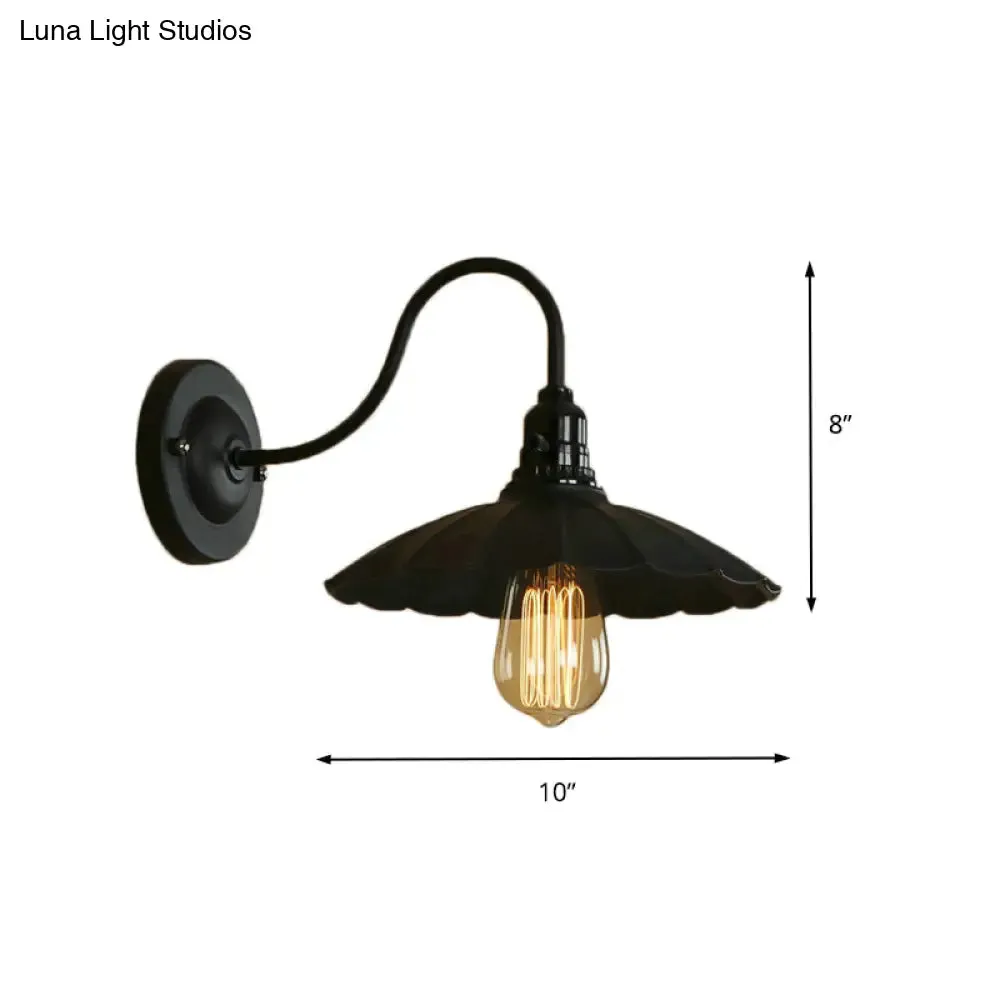 Industrial Metal Gooseneck Wall Sconce with Scalloped Shade and 1 Bulb in Black, 10"/13" Diameter