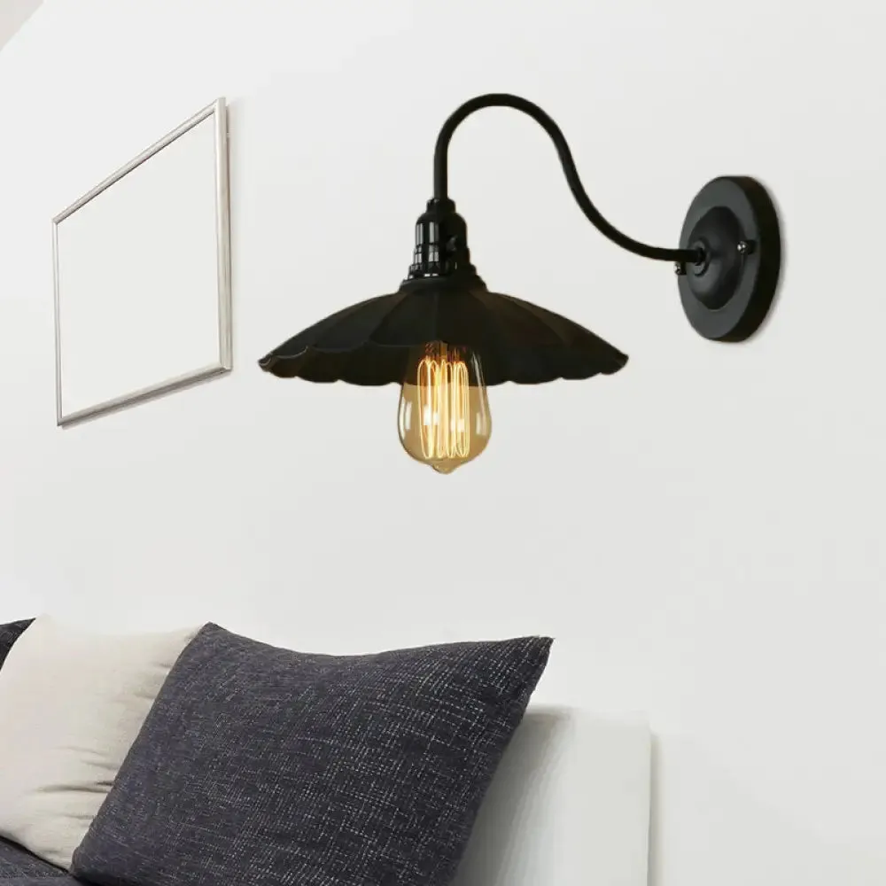 Industrial Metal Gooseneck Wall Sconce with Scalloped Shade and 1 Bulb in Black, 10"/13" Diameter