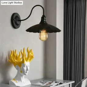 Industrial Metal Gooseneck Wall Sconce with Scalloped Shade and 1 Bulb in Black, 10"/13" Diameter