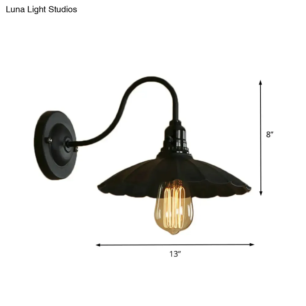 Industrial Metal Gooseneck Wall Sconce with Scalloped Shade and 1 Bulb in Black, 10"/13" Diameter